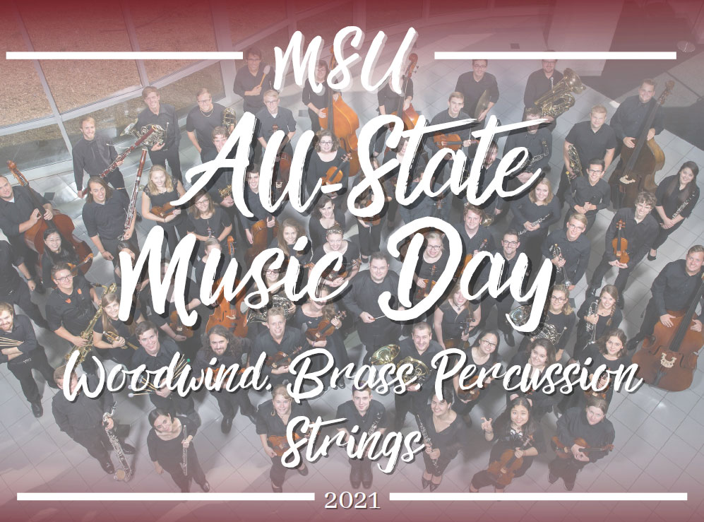 Group of student musicians in the background advertising All-State Music Day 2021