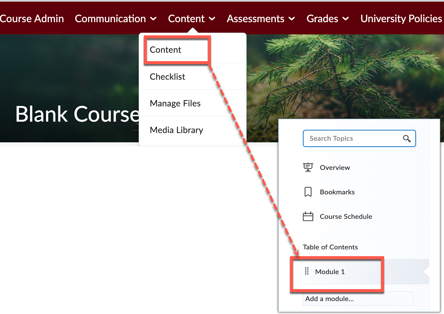 Content option from the course navigation is shown with the content option highlighted by a red box. A dotted arrow directs user to then select a module from the table of contents.