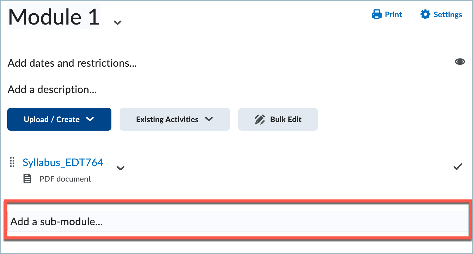 Add a submodule option within a course module is highlighted.