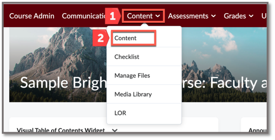 Brightspace Course navigation with a red box highlighting the content menu option from the drop down list.