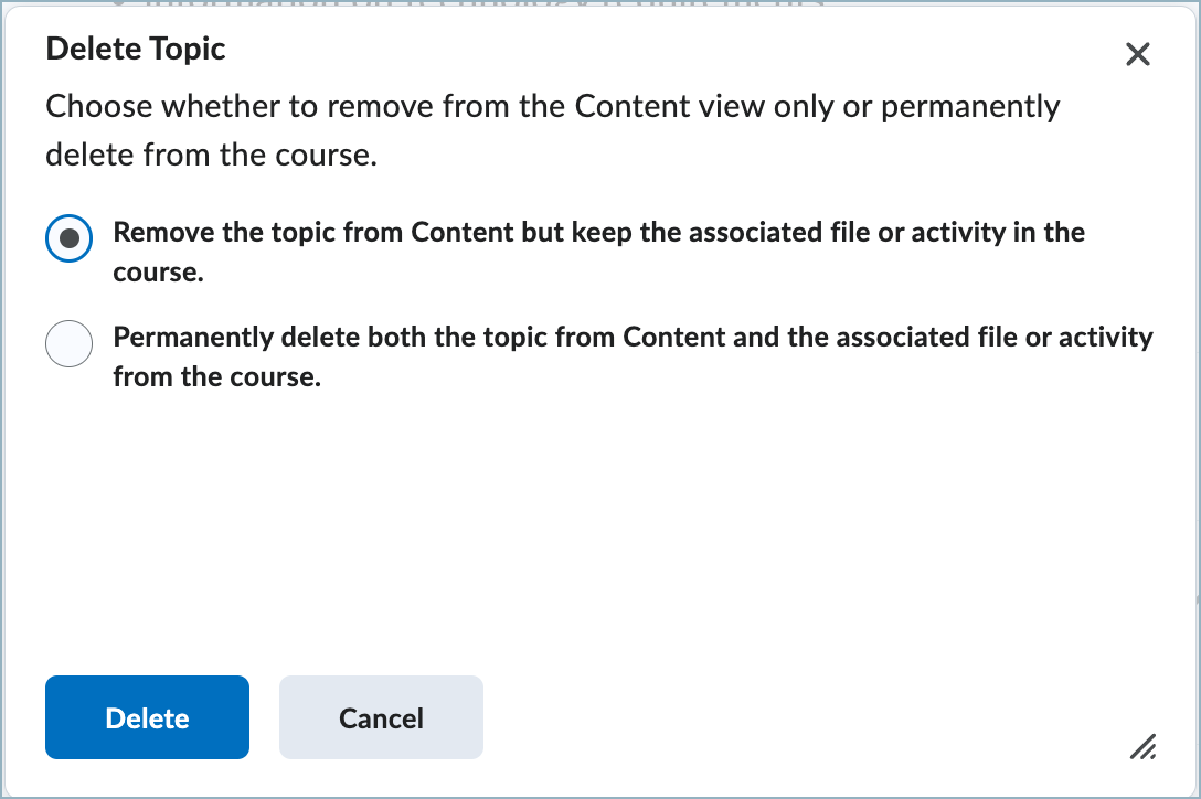 The Delete Topic dialogue box in Brightspace.