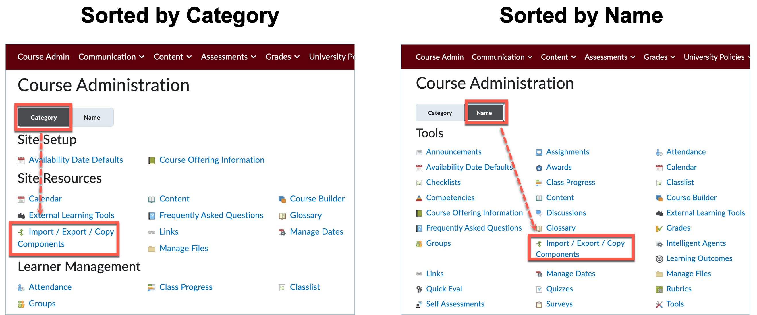 Comparison of the Course Admin area of a Brightspace course. Sorted by catagory versus sorted by name. 