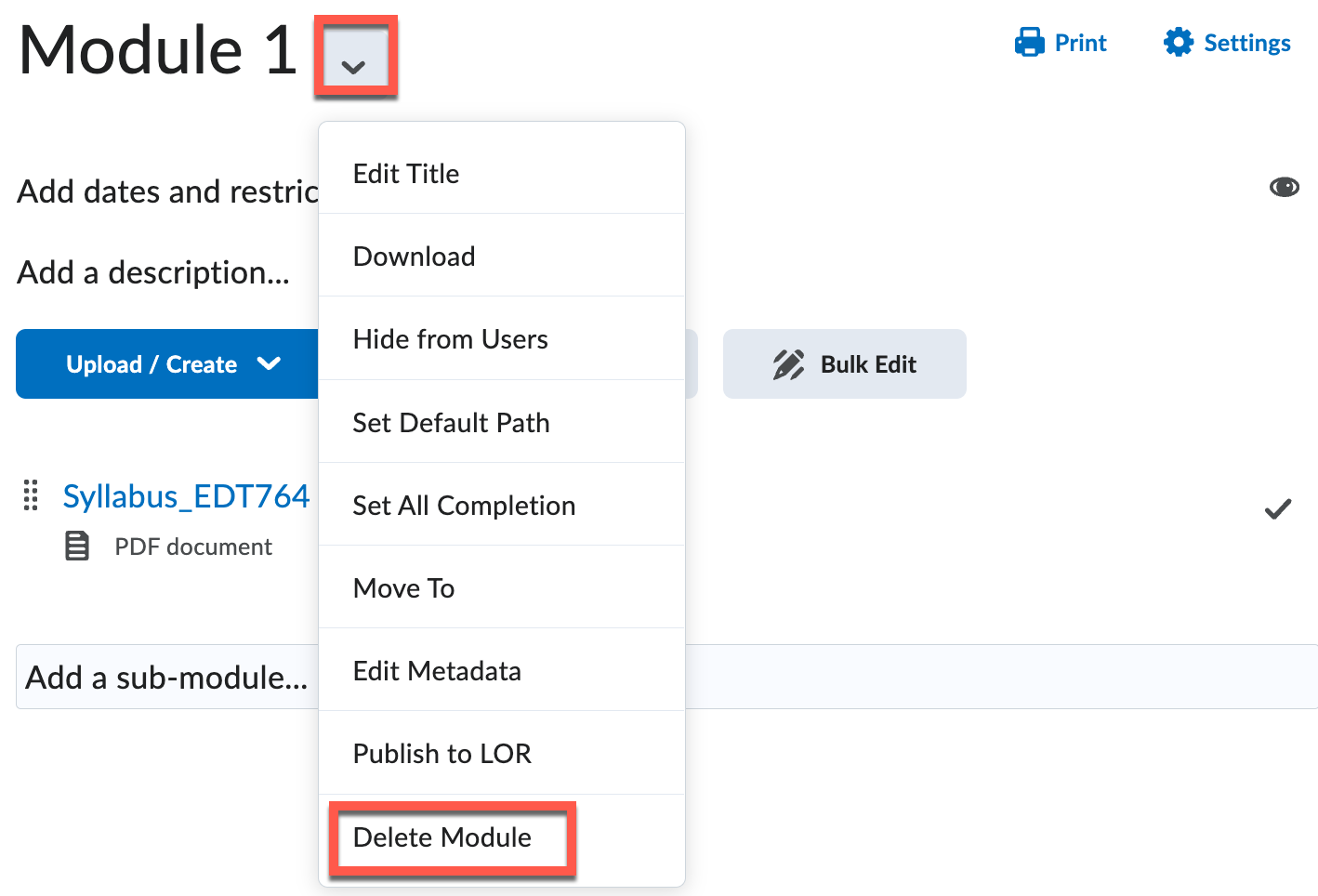 Module menu is expanded with the Delete Module option highlighted.