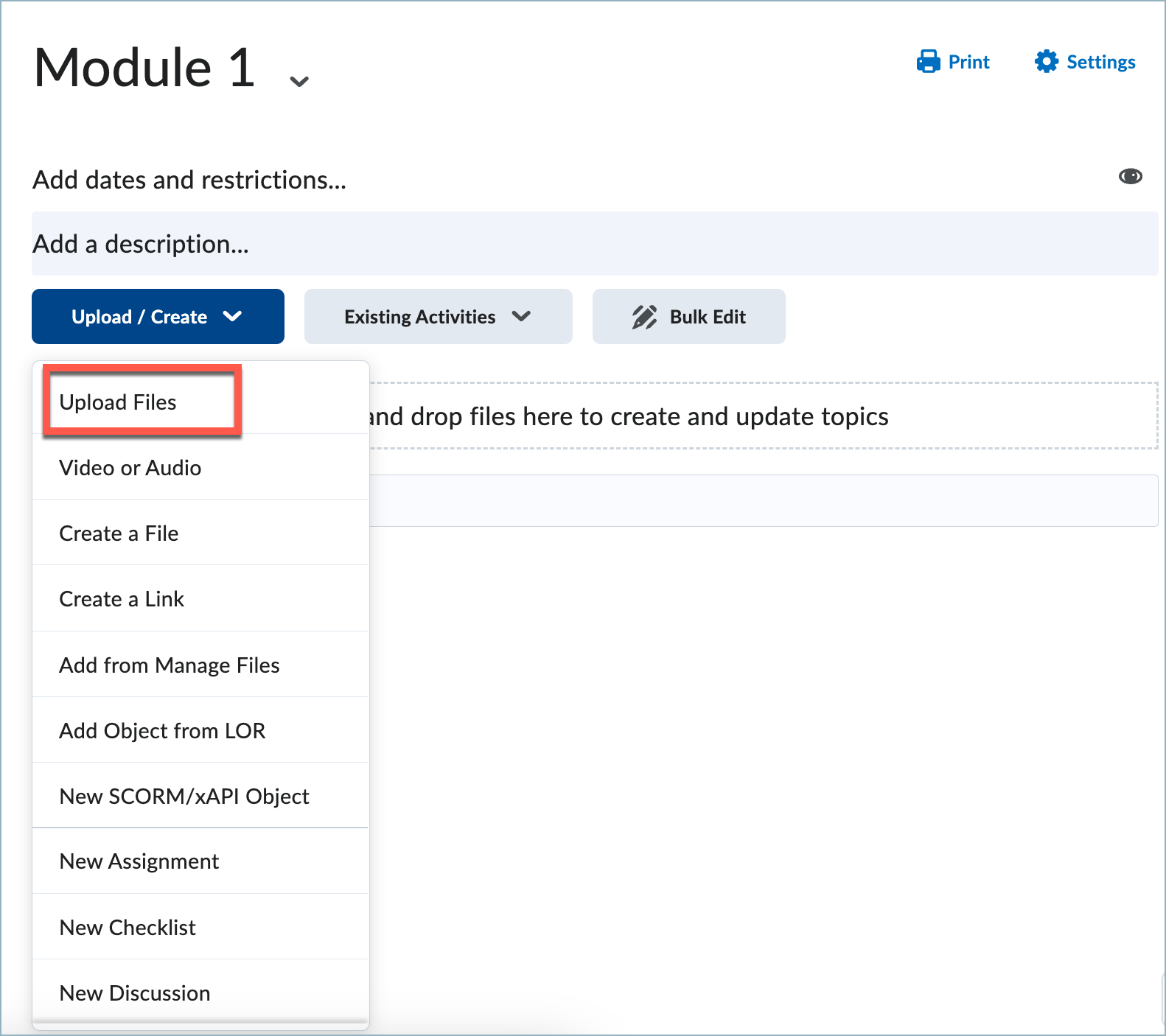 Content area of Brightspace, the Upload/Create option is expanded with the Upload Files option highlighted