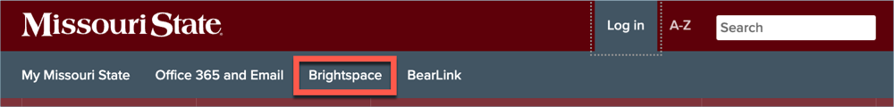 Missouri State Homepage with the login menu displayed. A red box highlights the Brightspace option.