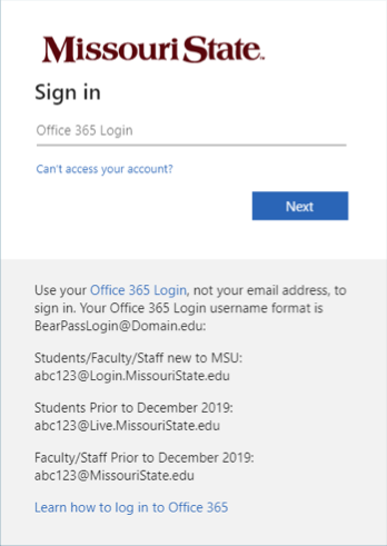 Microsoft sign in page prompting for email