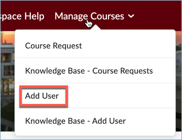 Menu options for the Manage Course link on the institutional navigation bar. The Add User option is highlighted.