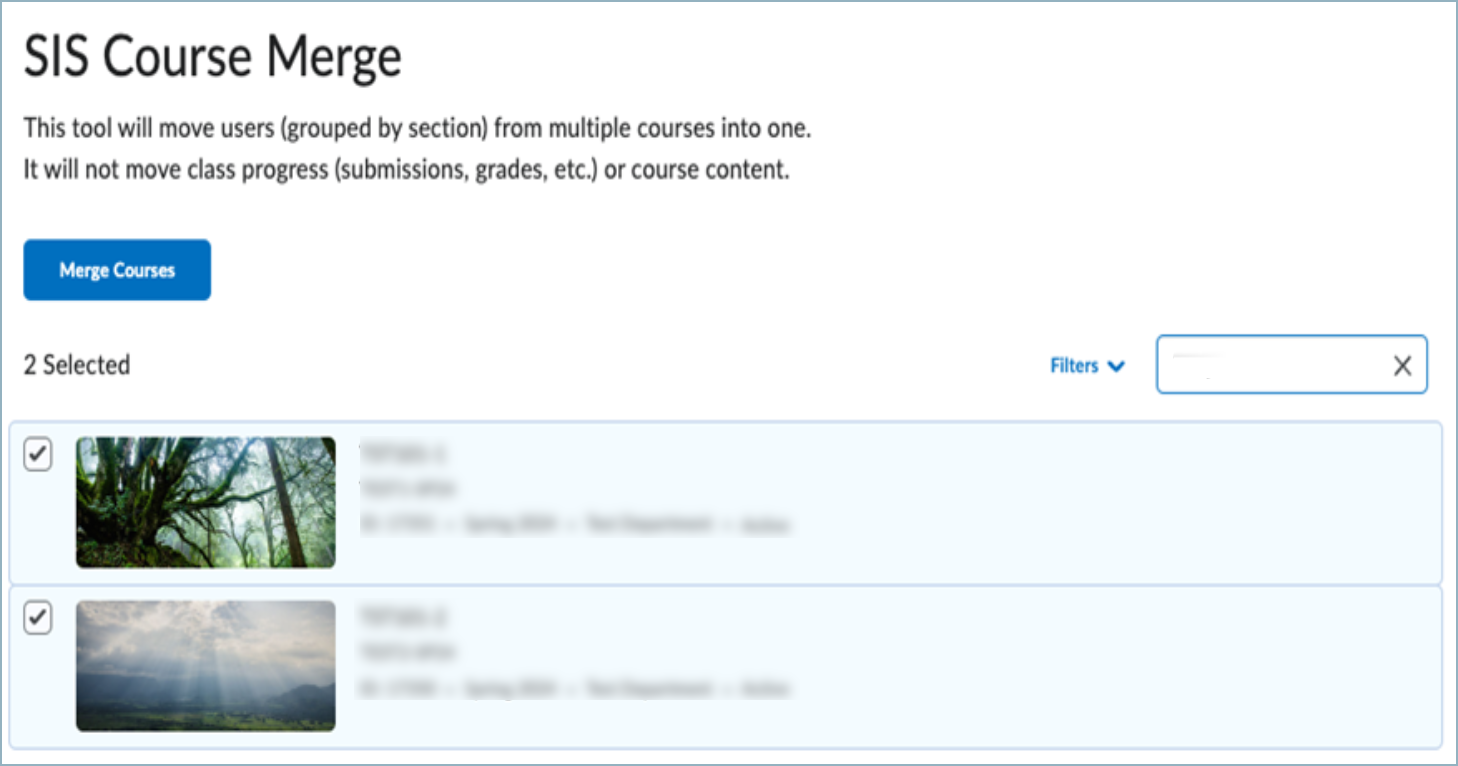 Course Merge page showing a list of courses to be combined.