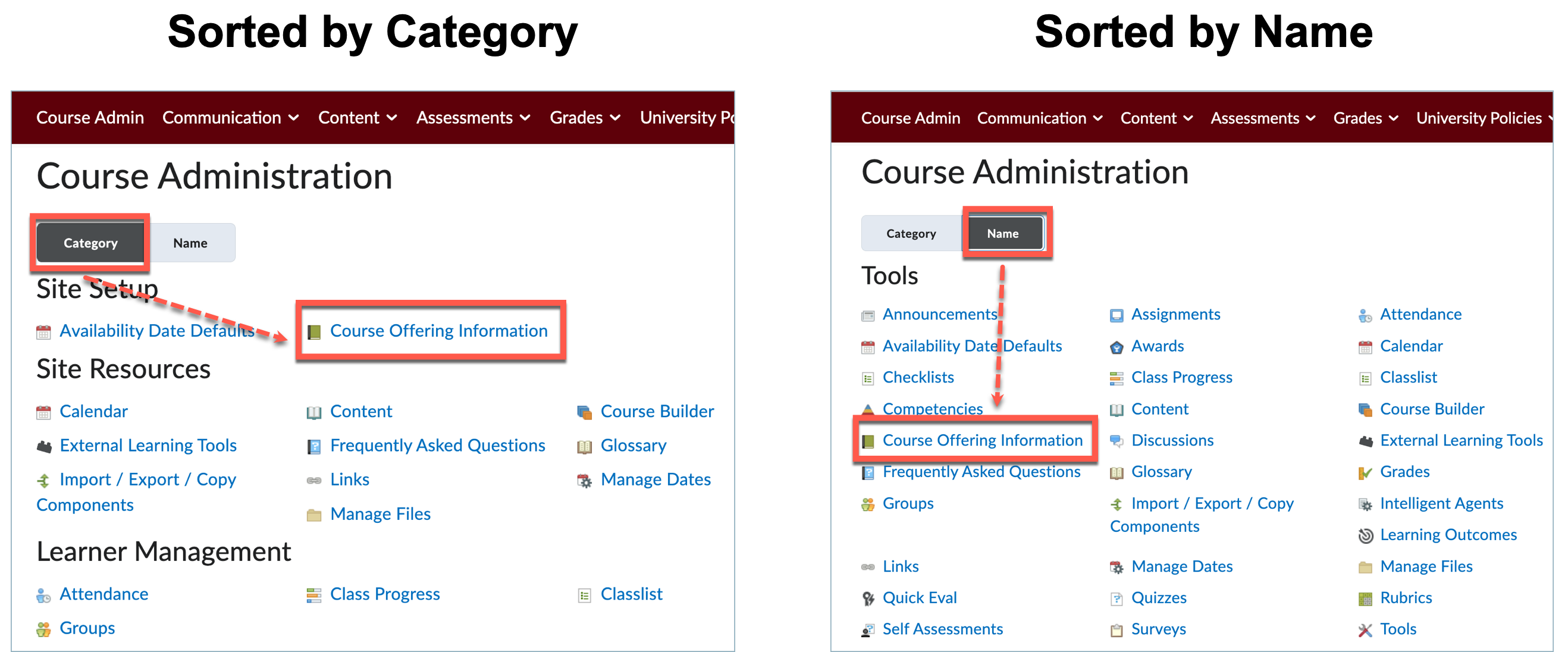 Comparison of the Course Admin area of a Brightspace course. Sorted by catagory versus sorted by name.