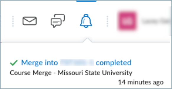 Brightspace notification center showing alert that course was successfully merged.