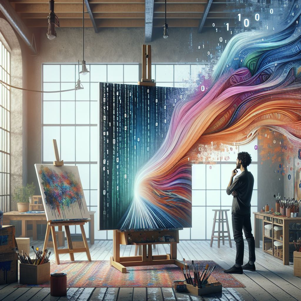 Artist looking at a painting representing artificial intelligence representing the AI human creation