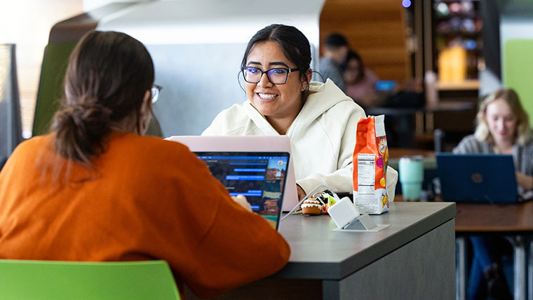 Two students sitting across from one another in Meyer library