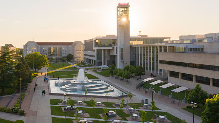 Overview shot of MSU campus with the fountain and the library.