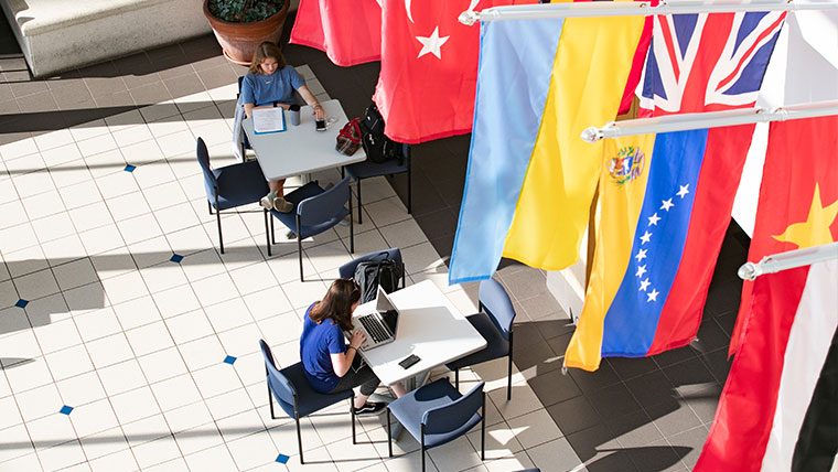 MSU students sitting at tables in Strong Hall where international flags are displayed. 