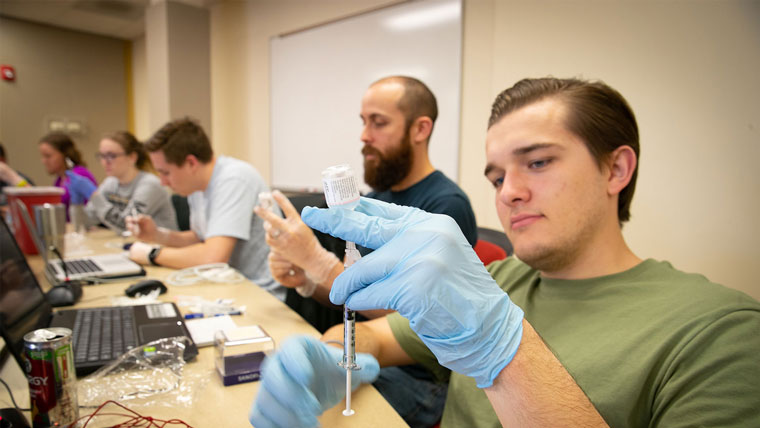 Students performing a lab in class.