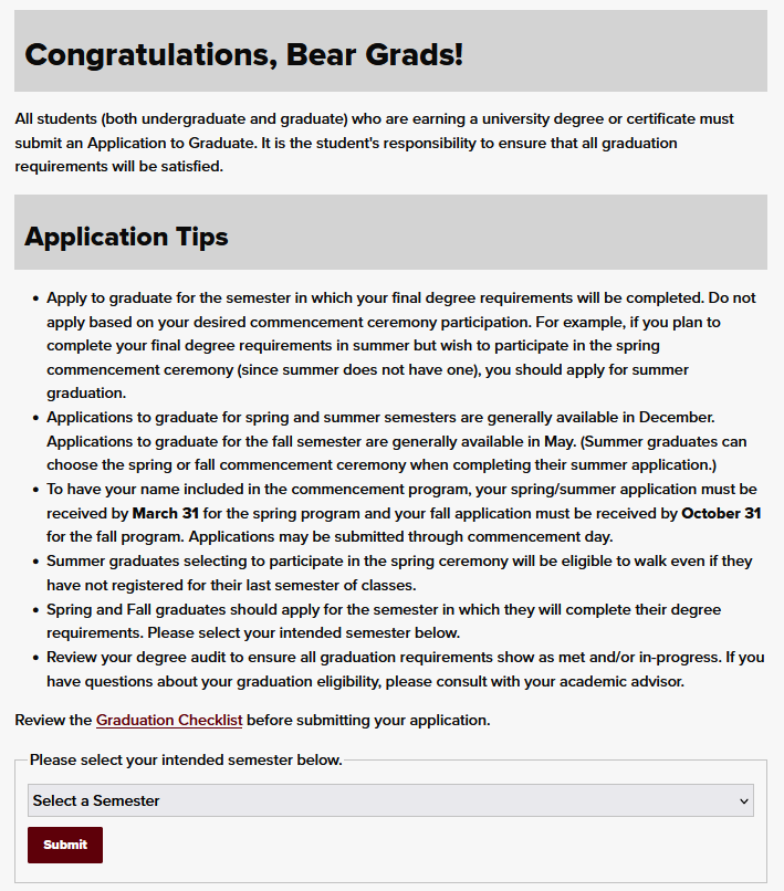 Application to Graduate Term Selection Screen