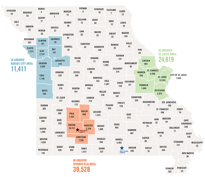 Missouri map of alumni numbers per county