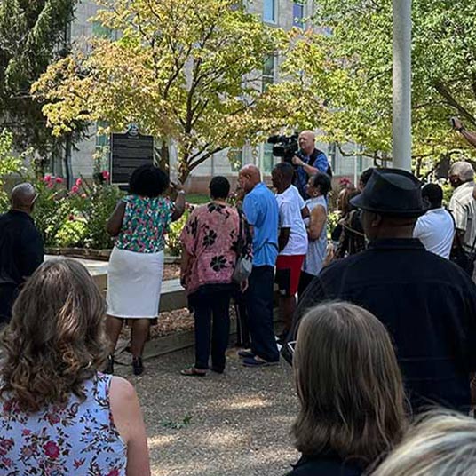 A crowd gathers outside of the Plaster Student Union to celebrate the new African American Heritage Trail marker.